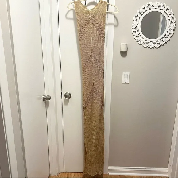 Rimini by Shaw Crocheted & Beaded Tan Beige Fitted Sleeveless Long Dress 8 Y2K - Picture 2 of 12